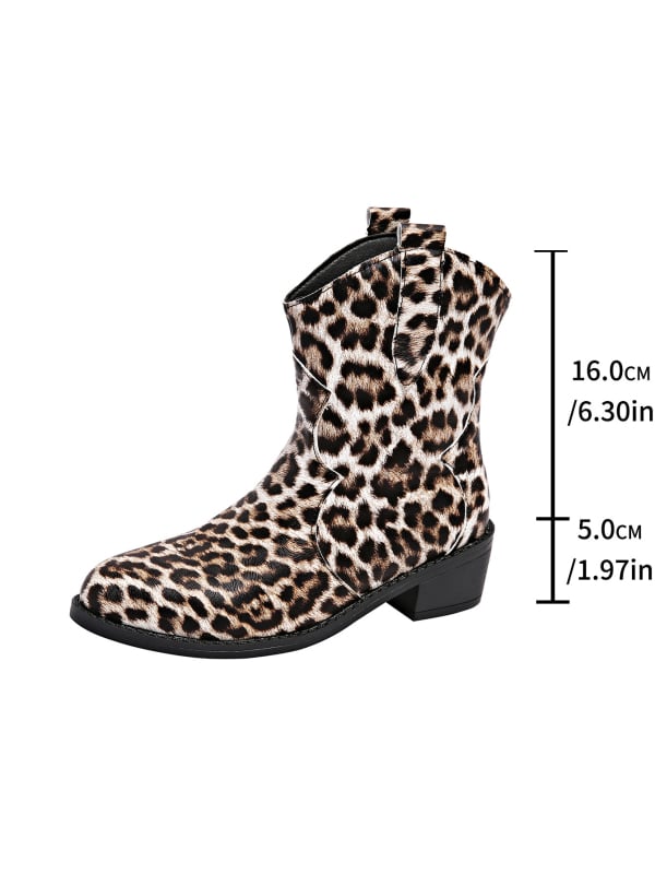 Sieviešu Martins zābaki ar leoparda printu, PU augšdaļa, gumijas zole, asas purns, 3–5 cm augstu papēdi