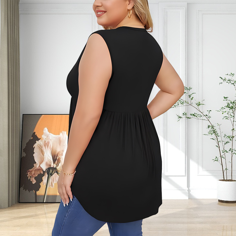 Moteriškas be rankovių viršutinis topas su plisuotė ir V kaklo iškirpte, sagos užsegimas; poliesteris 95%+, elastanas <30%, didelis elastingumas, versija sijonėlio formos, 2025 vasara