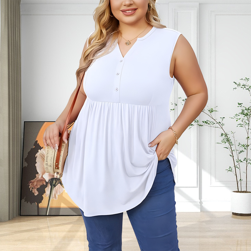 Moteriškas be rankovių viršutinis topas su plisuotė ir V kaklo iškirpte, sagos užsegimas; poliesteris 95%+, elastanas <30%, didelis elastingumas, versija sijonėlio formos, 2025 vasara