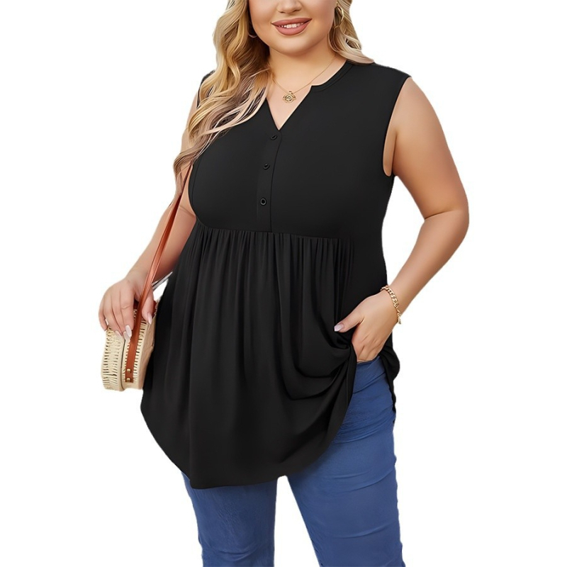 Moteriškas be rankovių viršutinis topas su plisuotė ir V kaklo iškirpte, sagos užsegimas; poliesteris 95%+, elastanas <30%, didelis elastingumas, versija sijonėlio formos, 2025 vasara