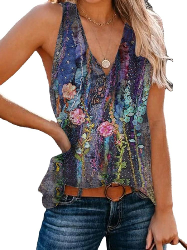Ženski top s V-izrezom i cvjetnim printom, Slim fit, poliester 95%+, fiksne naramenice
