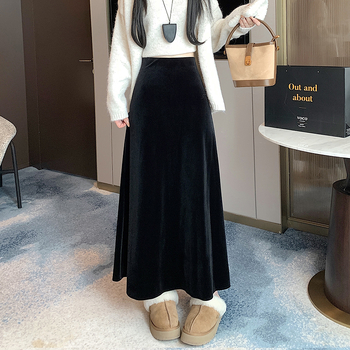 Μακριά βελούδινη φούστα σε γραμμή Α, με επένδυση φλίς, ψηλή μέση