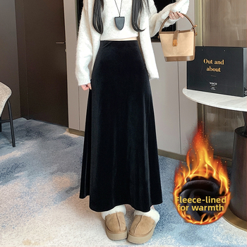 Μακριά βελούδινη φούστα σε γραμμή Α, με επένδυση φλίς, ψηλή μέση