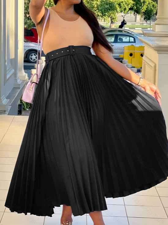 Moteriška ilga klostuota A linijos sijonas su diržu, poliesterio–spandekso mišinys (70–80% poliesterio), suaugusiems, pavasaris 2025