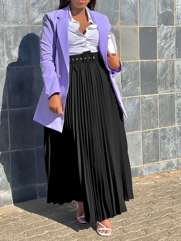 Moteriška ilga klostuota A linijos sijonas su diržu, poliesterio–spandekso mišinys (70–80% poliesterio), suaugusiems, pavasaris 2025