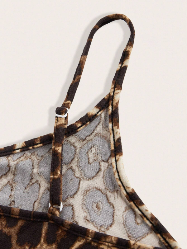 Női leopard mintás, szexi pántos top, poliészter 95%+, nyár 2024