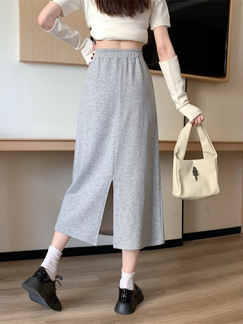 Μίντι φούστα με πίσω σχίσιμο, μονόχρωμη, πολυεστέρας 95%+, ιαπωνοκορεατικό casual στυλ