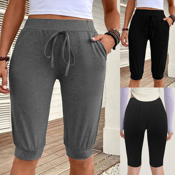 Žene capri jog hlače ravnog kroja s džepovima, Milk Silk tkanina, poliester 90–95% i spandeks 5–10%, srednji pojas, mikroelastičnost