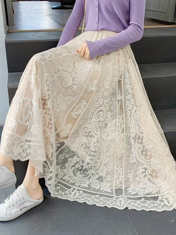 Α-γραμμής μίντι φούστα από πολυεστέρα, ψηλή μέση, διάτρητη δαντέλα crochet με 3D μοτίβο, κλασικό ρετρό στυλ λογοτεχνίας και τέχνης