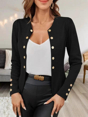 Női szűk fazonú kosztüm kardigán dzseki gallér nélkül, hosszú ujjú, kosztüm anyag poliészter/elasztán, 95% feletti poliészter, elasztán <30%, 2024 ősze