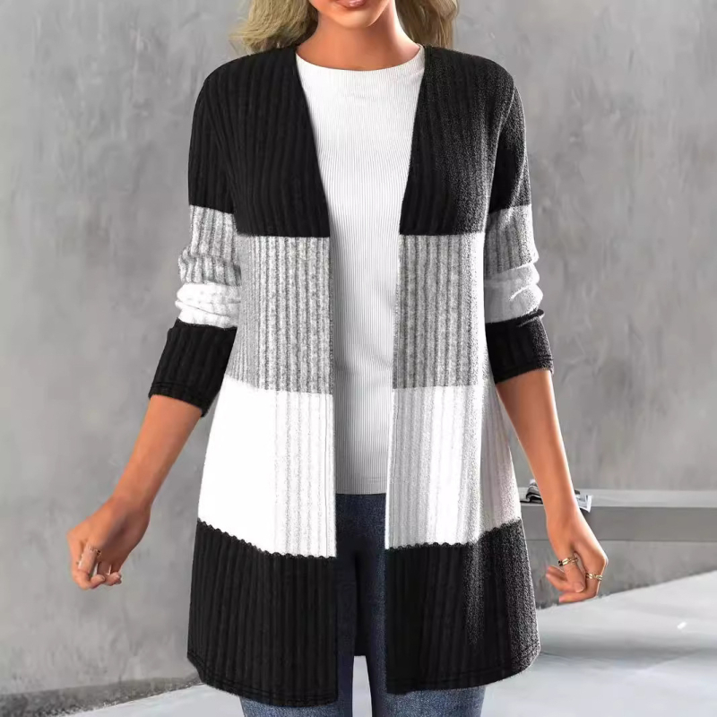 Női kardigán, bordázott anyag, poliészter/spandek, mintázat színblokkokkal, hosszúság 80–100 cm, szabályos szabás