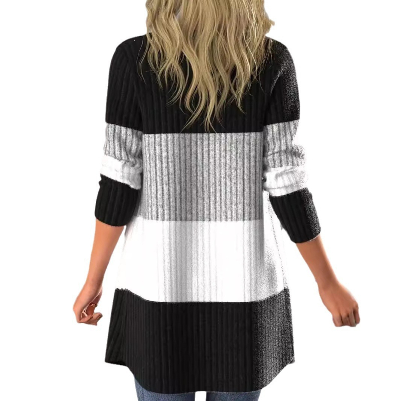 Női kardigán, bordázott anyag, poliészter/spandek, mintázat színblokkokkal, hosszúság 80–100 cm, szabályos szabás