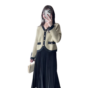 Γυναικείο σετ δύο τεμαχίων για την άνοιξη 2025 με 3D μοτίβο, μακριά φούστα και λεπτομέρειες κολλάζ σε ακρυλικό ύφασμα