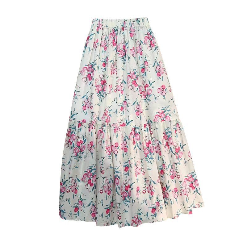 А-линейна флорална миди пола, полиестер тъкан, 95%+ основна материя, печат и шиене