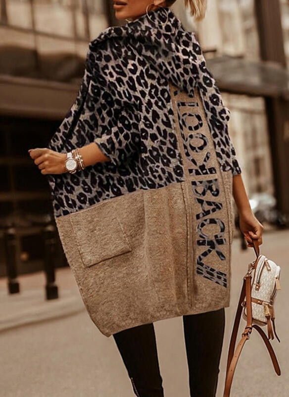 Cardigan s leopard printom i slovima, udoban kroj, srednja duljina, jacquard, materijal: akril-poliester, ovčji velur