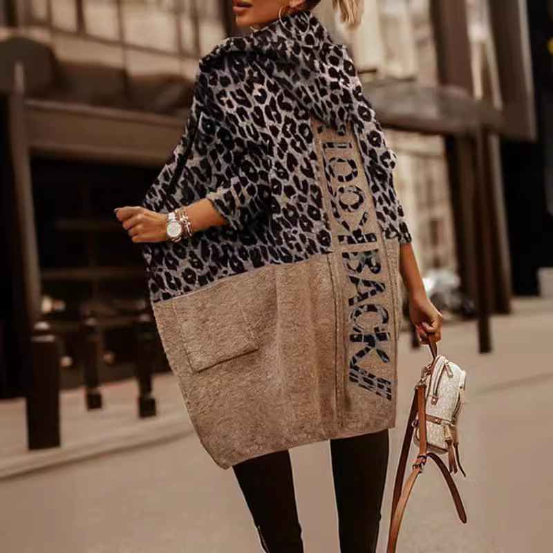 Cardigan s leopard printom i slovima, udoban kroj, srednja duljina, jacquard, materijal: akril-poliester, ovčji velur