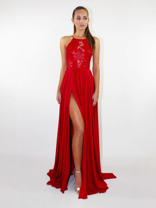 Večernja haljina - otvorena leđa s vezicama i prorezima; A-kroj; dekolte s trakama; 90-95% poliester, 5-10% elastan; pogodna za vjenčanje