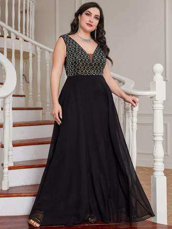 Дълга рокля от шифон с пайети, V-образно деколте, А-линия, без ръкави, пролет-лято 2024.