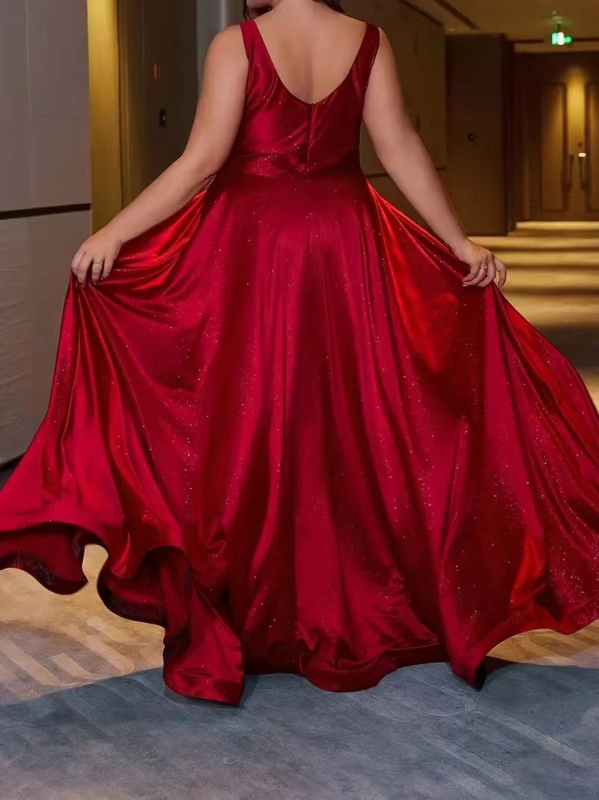 Bez rukava večernja haljina od spandeksa, duboki V-izrez, A-linijski kroj, duga suknja, tkanina ≥95% spandeksa