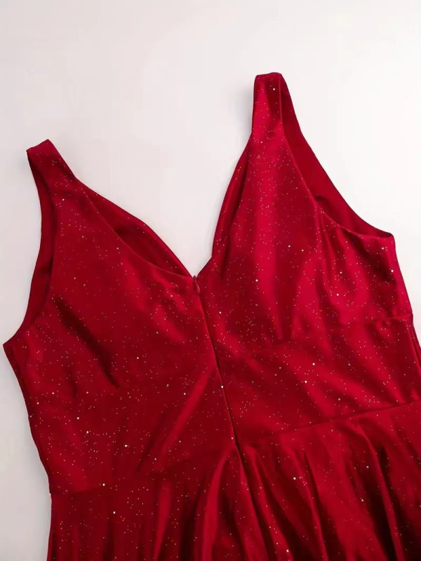 Bez rukava večernja haljina od spandeksa, duboki V-izrez, A-linijski kroj, duga suknja, tkanina ≥95% spandeksa