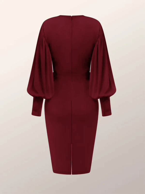 Rochie damă din poliester, culoare solidă, cu mâneci tip felinar, fermoar, lungime midi