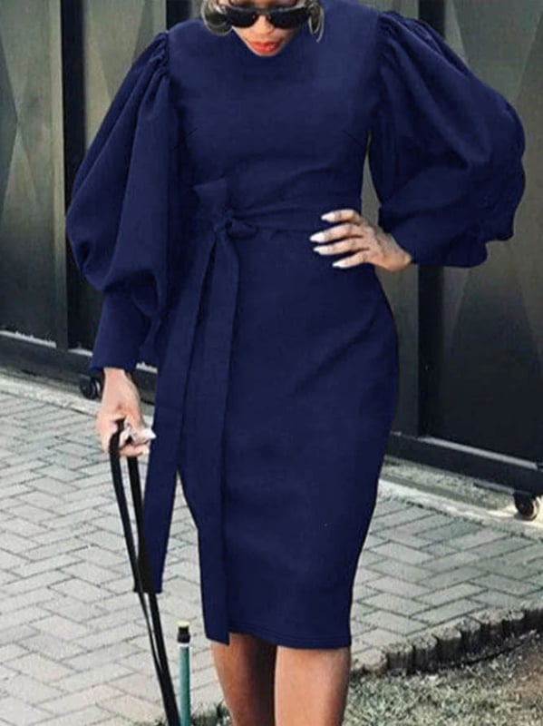 Rochie damă din poliester, culoare solidă, cu mâneci tip felinar, fermoar, lungime midi