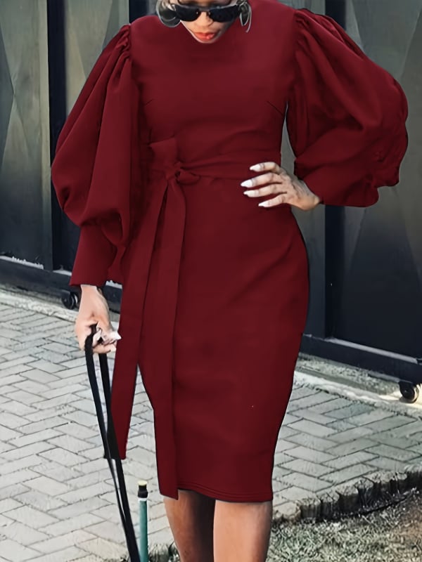 Rochie damă din poliester, culoare solidă, cu mâneci tip felinar, fermoar, lungime midi