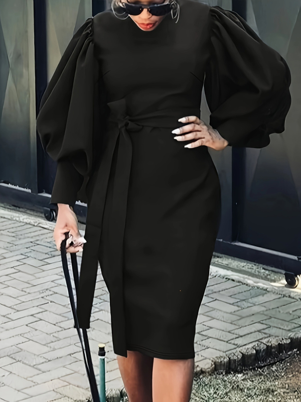 Rochie damă din poliester, culoare solidă, cu mâneci tip felinar, fermoar, lungime midi