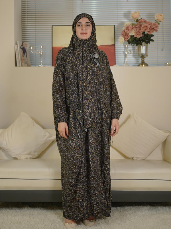 Női ima ruházat virágmintás törött minta, sál-gallér, hosszú egyenes szabású ruha, rayon