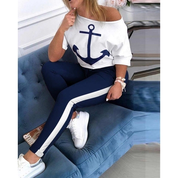 Σετ γυναικείου μακρυμάνικου T‑shirt και παντελόνι με εκτύπωση ναυτικού αγκύρας – Φθινόπωρο 2022 – Πολυεστέρας 50-70%