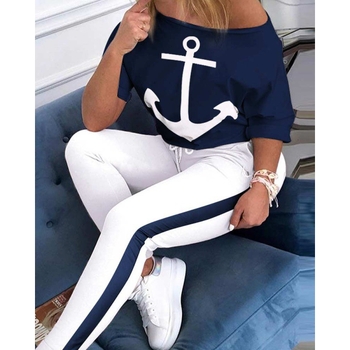 Σετ γυναικείου μακρυμάνικου T‑shirt και παντελόνι με εκτύπωση ναυτικού αγκύρας – Φθινόπωρο 2022 – Πολυεστέρας 50-70%