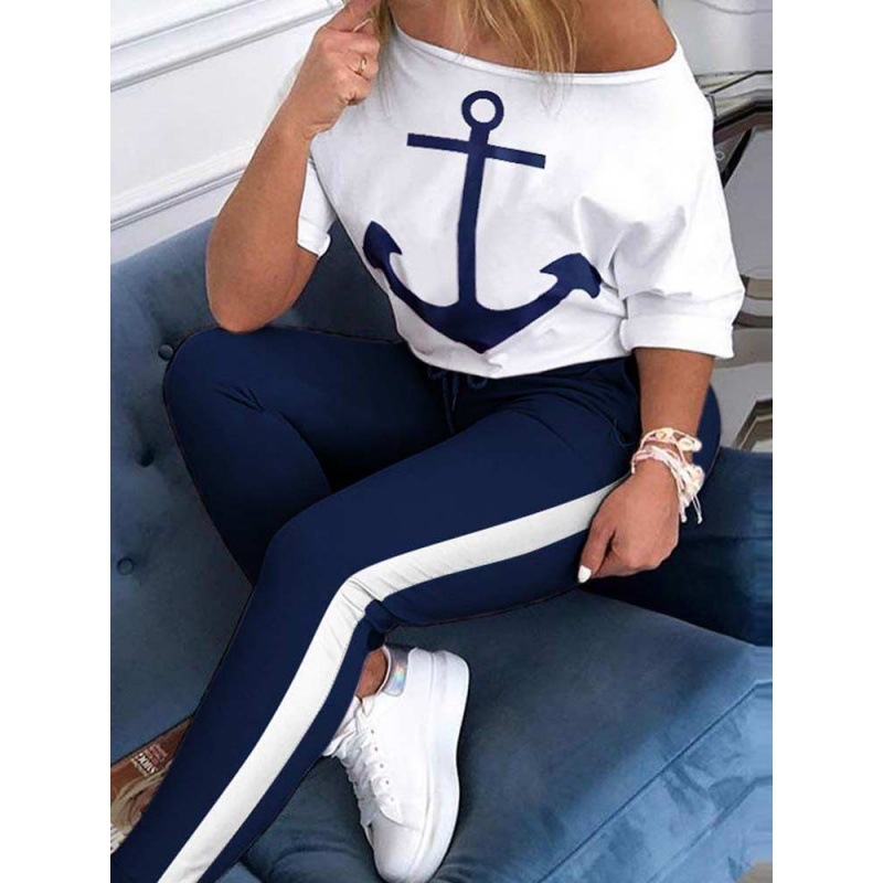Hajóhorgony mintás hosszú ujjú T-shirt és nadrág szett nőknek – Poliészter 50-70% – Őszi 2022