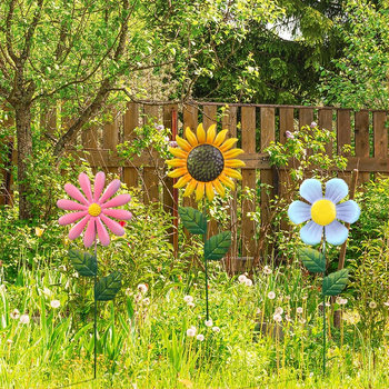 Метална градинска скулптура слънчоглед, ковано желязо, наземна поставка, външна украса в пасторален стил