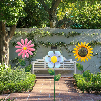 Метална градинска скулптура слънчоглед, ковано желязо, наземна поставка, външна украса в пасторален стил