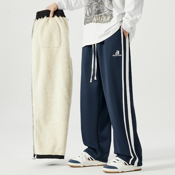 Ανδρικά χειμερινά casual παντελόνια, με επένδυση, ίσια γραμμή, υψηλή μέση, ριγέ σχέδιο