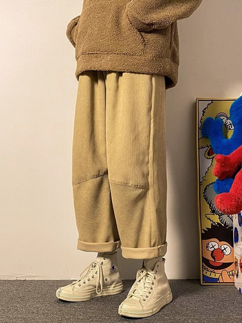 Casual παντελόνια από corduroy για άνδρες, ιαπωνικό ρετρό στυλ, χαλαρή γραμμή, μεσαία μέση, ίσιο παντελόνι