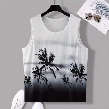 Ανδρικό εκτυπωμένο γιλέκο χωρίς μανίκια - λαιμός στρογγυλός, πολυεστέρας, μακρύ μήκος, ίσιο τελείωμα, τσέπη με πιέτες - Καλοκαίρι 2024