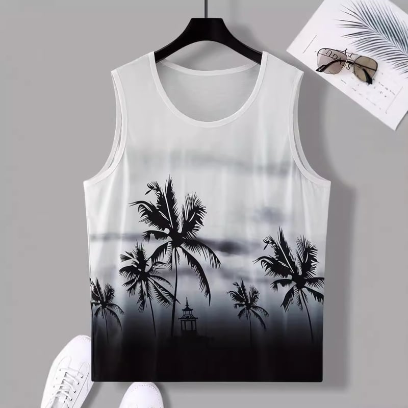 Ανδρικό εκτυπωμένο γιλέκο χωρίς μανίκια - λαιμός στρογγυλός, πολυεστέρας, μακρύ μήκος, ίσιο τελείωμα, τσέπη με πιέτες - Καλοκαίρι 2024