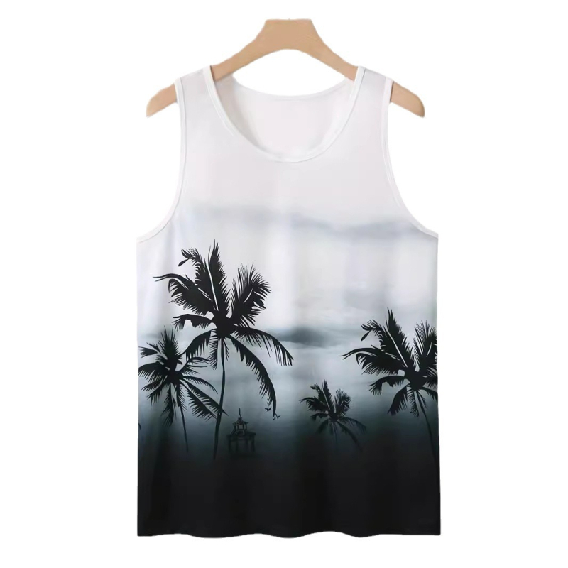 Ανδρικό εκτυπωμένο γιλέκο χωρίς μανίκια - λαιμός στρογγυλός, πολυεστέρας, μακρύ μήκος, ίσιο τελείωμα, τσέπη με πιέτες - Καλοκαίρι 2024