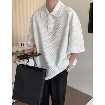 T-shirt με γιαπωνέζικο στυλ, πόλο γιακά, υφή βάφλ, κοντά μανίκια, πολυεστέρας.