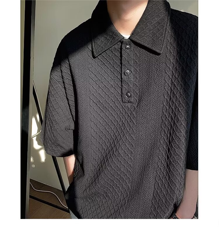 T-shirt s polo ovratnikom u japanskom stilu, waffle uzorak, kratki rukavi, poliester.