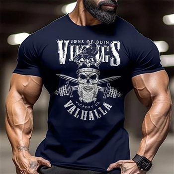 Ανδρική T‑Shirt με 3D Εκτύπωση Κρανίου, Βαμβάκι, Κοντό Μανίκι, Ευθεία Κοπής, Γρήγορο Στέγνωμα