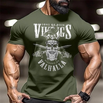 Ανδρική T‑Shirt με 3D Εκτύπωση Κρανίου, Βαμβάκι, Κοντό Μανίκι, Ευθεία Κοπής, Γρήγορο Στέγνωμα