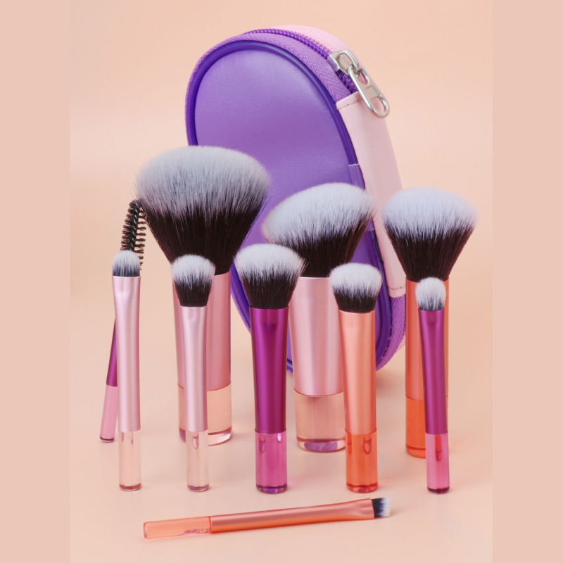 Σετ πινέλων μακιγιάζ, 10 τεμάχια, πινέλο πούδρας, συνθετικές τρίχες, λαβές πλαστικές, φορητό, συσκευασμένο σε τσάντα πινέλων