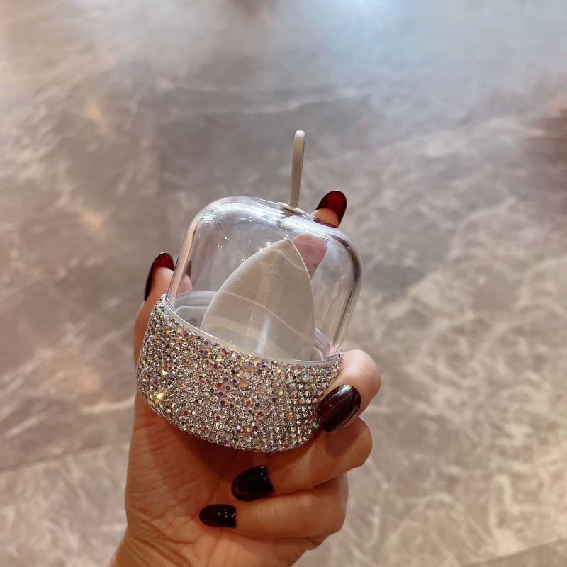 Σφουγγάρι μακιγιάζ σε σχήμα σταγόνας με θήκη αποθήκευσης διακοσμημένη με διαμάντια, 1 τεμάχιο, Μάρκα Default item