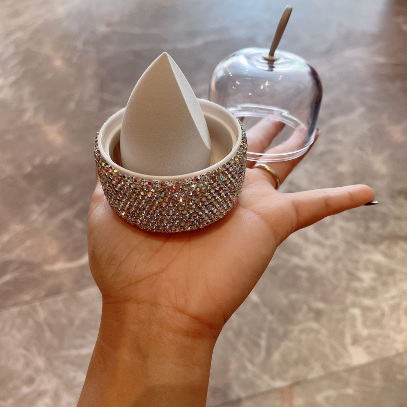 Σφουγγάρι μακιγιάζ σε σχήμα σταγόνας με θήκη αποθήκευσης διακοσμημένη με διαμάντια, 1 τεμάχιο, Μάρκα Default item