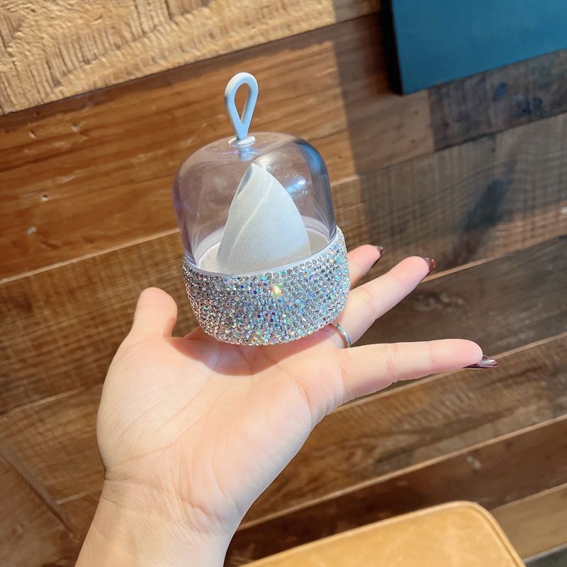 Σφουγγάρι μακιγιάζ σε σχήμα σταγόνας με θήκη αποθήκευσης διακοσμημένη με διαμάντια, 1 τεμάχιο, Μάρκα Default item