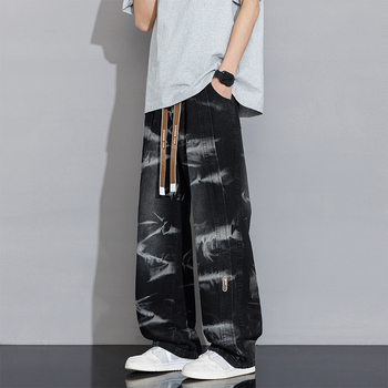 Мъжки дънки със tie-dye модел, прав стил, средна талия; 97% памук, каменна измивка, бродерия и жакардов печат, джобове с клапи, цип