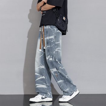 Мъжки дънки със tie-dye модел, прав стил, средна талия; 97% памук, каменна измивка, бродерия и жакардов печат, джобове с клапи, цип