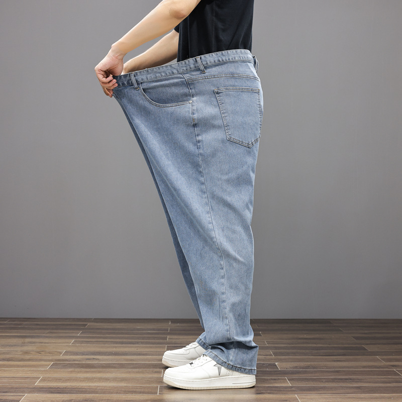 Plus size muške traperice od denima, opušteni ravni kroj, jednobojne, visok pojas, svakodnevno nošenje